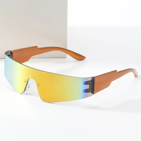 Cyberpunk Shield Zonnebril Uit Eén Stuk Y2K Futuristisch Oversized Randloos Sportief UV400 Spiegelglas Vizier Brillen Voor Heren Dames