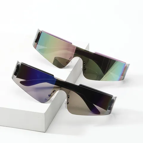 Cyberpunk Shield Zonnebril Uit Eén Stuk Y2K Futuristisch Oversized Randloos Sportief UV400 Spiegelglas Vizier Brillen Voor Heren Dames