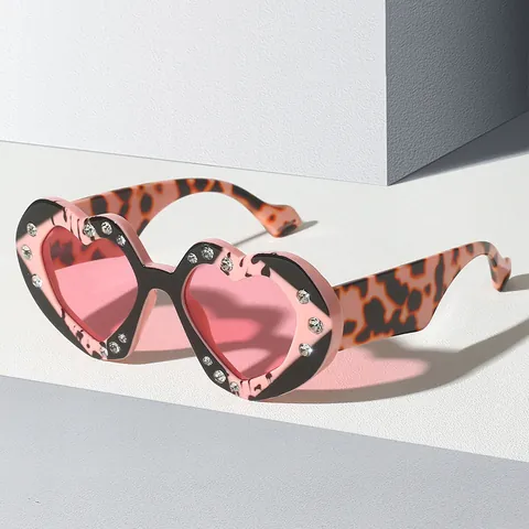 Occhiali da Sole Donna a Forma di Cuore con Strass Retro UV400 Montura in PC Motivo Leopardato per Festa Vacanza Viaggio