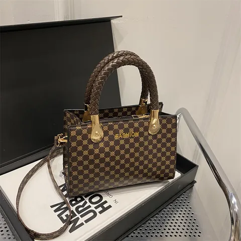 Borsa a Tracolla da Donna Vintage con Stampa Monogramma Piccola Borsa Quadrata Manico Intrecciato Pelle PU Moda Borsa a Mano Retro Casual