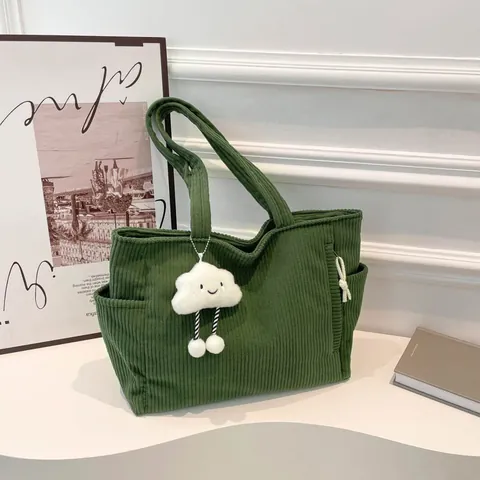 Corduroy Tote Bag Large Capacity Vintage Shoulder Handbag For Women With Cloud Pendant Casual Streetwear Style
