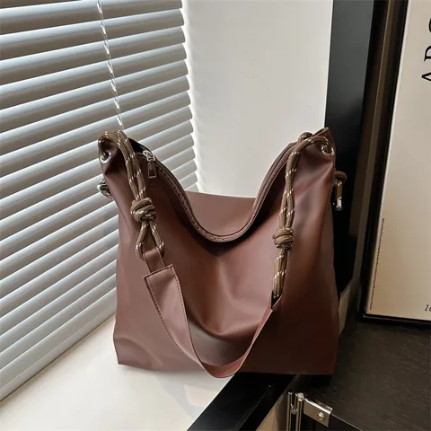 Women Large Capacity Soft PU Leather Tote Bag Braided Rope Handle Knot Shoulder Bag Urban Minimalist Commuter Handbag