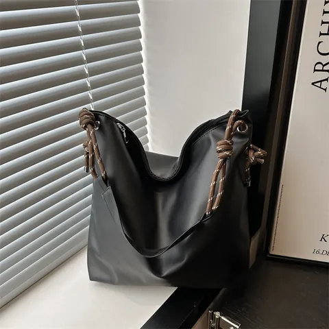 Women Large Capacity Soft PU Leather Tote Bag Braided Rope Handle Knot Shoulder Bag Urban Minimalist Commuter Handbag