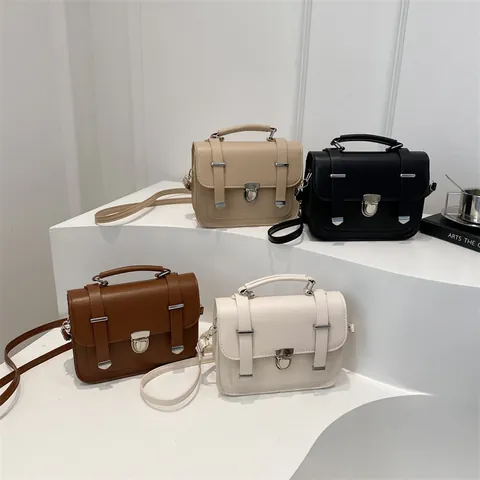 Retro Crossbodytas Van PU Leer Voor Dames Eenvoudige Kleine Vierkante Schoudertas Met Handvat En Metalen Gesp