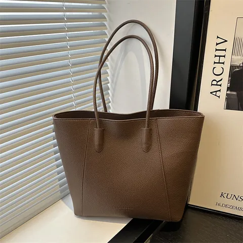 Women Minimalist PU Leather Tote Bag Large Capacity Pebble Grain Shoulder Bag Commuting Casual Solid Color Handbag