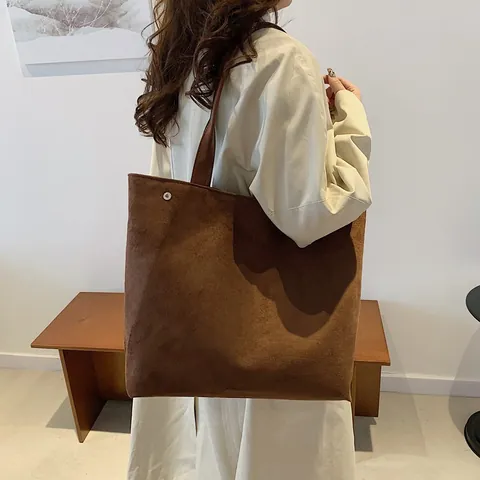 Large Capacity Matte Faux Suede Tote Bag For Women Solid Color Simple Casual Commuting Shoulder Bag With Magnetic Buckle