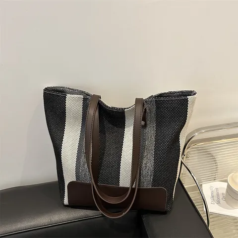 Bolso Tote de Lona a Rayas Casual para Mujer Gran Capacidad Vintage Bloques de Color Bolso de Hombro Simplicidad Urbana Uso Diario