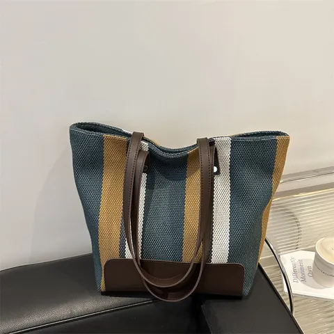 Bolso Tote de Lona a Rayas Casual para Mujer Gran Capacidad Vintage Bloques de Color Bolso de Hombro Simplicidad Urbana Uso Diario