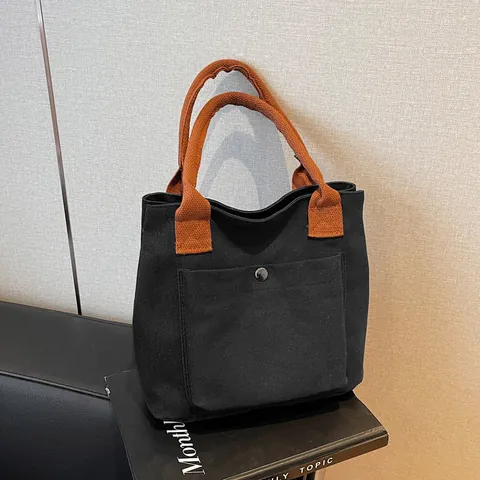 Stedelijk Minimalistische Canvas Draagtas voor Dames Vintage Stoffen Handtas Met Metalen Drukknoop Voorvak Casual Effen Tas
