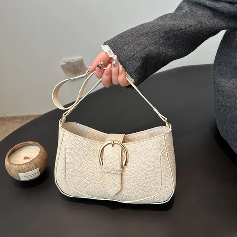 Retro Lychee Narbung PU Leder Achseltasche Für Damen Mode Gebissschnalle Halbmond Schultertasche Einfarbig Elegante Handtasche