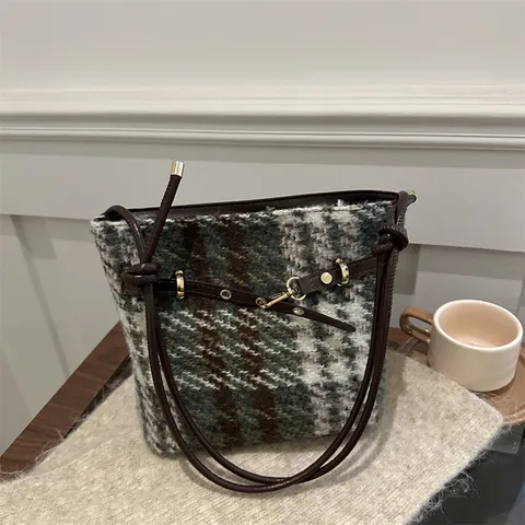 Damen Retro Kariert Wollstoff Eimertasche Mit Lederriemen Gold Metallbeschläge Karierte Schultertasche Handtasche