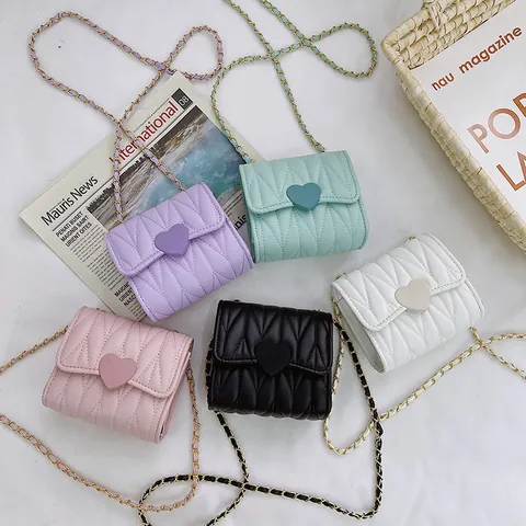 Quilted Synthetic Leather Heart Buckle Shoulder Bag For Girls Small Chain Crossbody Bag Mini Handbag Fashion Kids Gift