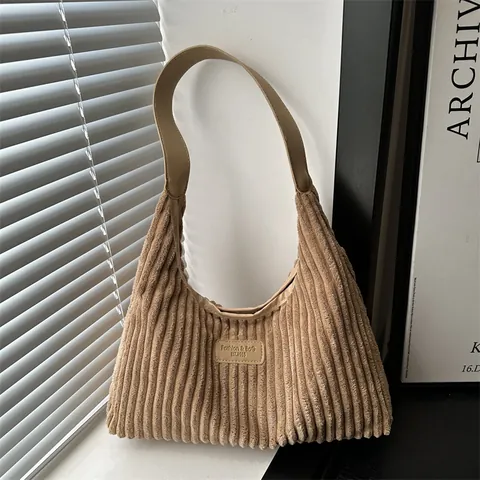 Vintage Corduroy Underarm Bag For Women Minimalist Hobo Shoulder Bag Large Capacity Casual Tote Handbag With Leather Patch