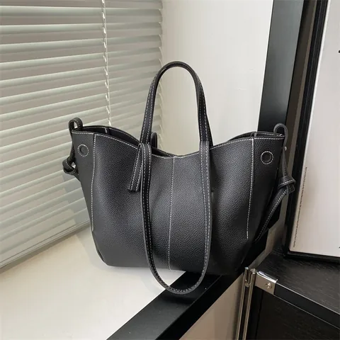 Borsa Tote da Donna in Pelle PU a Grana Litchi Grande Capacità con Cuciture a Contrasto Decorazione a Nodo Borsa a Tracolla Minimalista