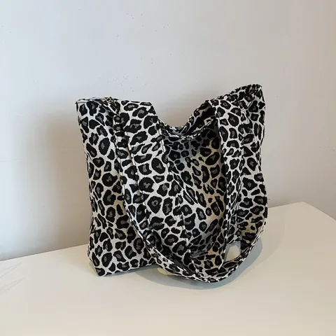 Trendy Leopard Print Canvas Tote Bag For Women Large Capacity Casual Animal Pattern Shoulder Bag Everyday Shopping Handbag