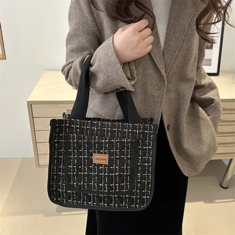 Bolso de Mano de Tweed para Mujer Gran Capacidad Cuadrícula en Blanco y Negro Bolso de Lana Casual para el Día a Día Con Cremallera