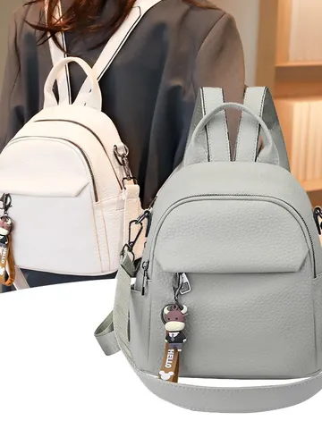 Dames Mode Mini Rugzak Litchipatroon PU Leer Reisrugzak Met Cartoon Koe Hanger Casual Grote Capaciteit Koreaanse Stijl Kleine Schoudertas