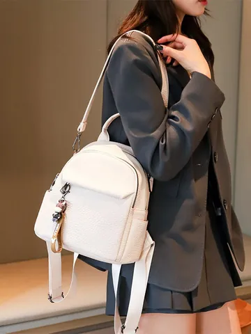 Dames Mode Mini Rugzak Litchipatroon PU Leer Reisrugzak Met Cartoon Koe Hanger Casual Grote Capaciteit Koreaanse Stijl Kleine Schoudertas