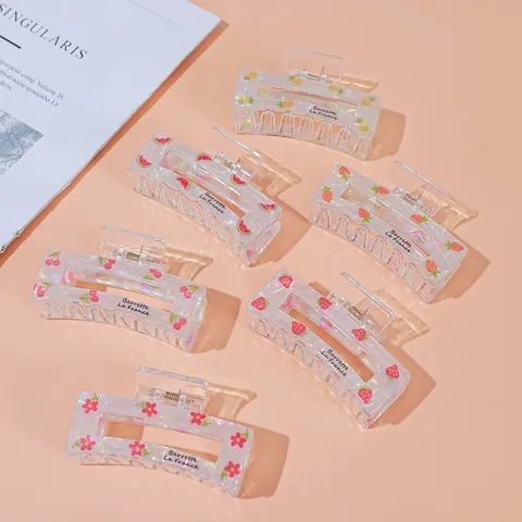 Pinza per Capelli in Acrilico Cangiante Stile Francese Motivo a Frutti Fragola Anguria Ananas Rettangolare Accessori per Capelli Donna