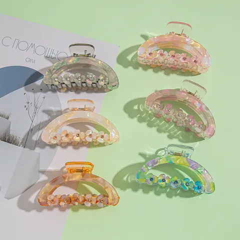 Floral Hair Claw Clip For Women Acrylic Rhinestone Hair Clamps Iridescent Hair Jaw Clips For Thick Hair Styling Accessories Korean Style Hairpins