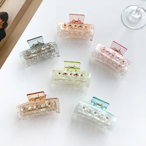 Fashion Acrylic Transparent Flower Hair Claw Clip With Rhinestones Elegant Clover Geometric Hair Clamp For Women Hair Accessories