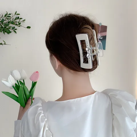 Pince à Cheveux Élégante en Forme de Cœur avec Strass pour Femme Barrette Rectangulaire en Acrylique Bijoux de Mode