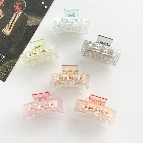 Floral Acrylic Hair Claw Clip Transparent Jelly Color Shark Clip Rhinestone Flower Elegant Hair Accessories For Women