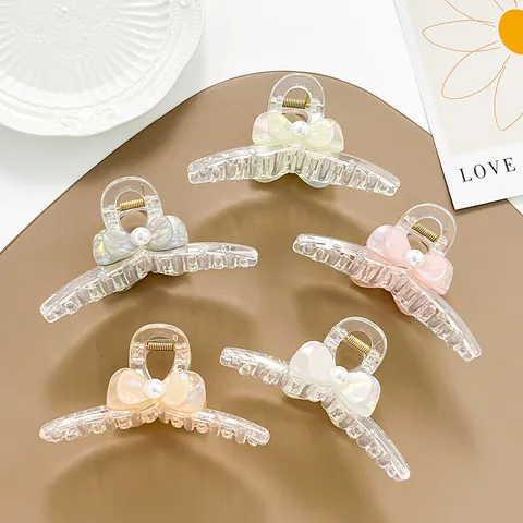 Pinza per Capelli Trasparente con Fiocco a Farfalla e Perla Artificial Sintetica Elegante Pinza in Acrilico Accessorio Capelli Donna