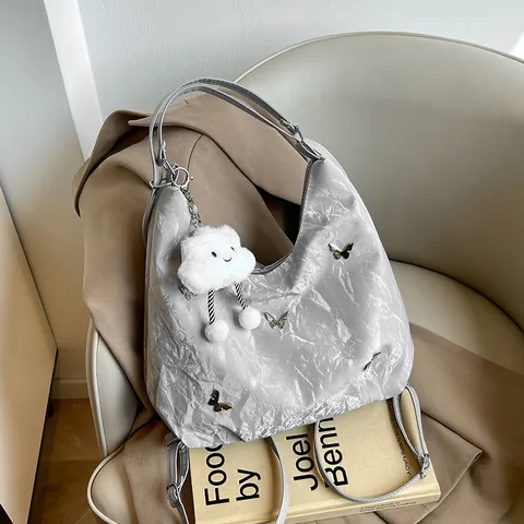 Women Pleated PU Leather Shoulder Bag Large Capacity Versatile Hobo Tote With Butterfly Decor And Cloud Charm For Girls