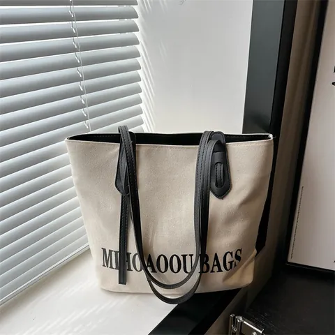 Canvas Tote Tasche Große Kapazität Kunstleder Griff Briefdruck Lässige Umhängetasche Für Frauen Studenten Pendeln