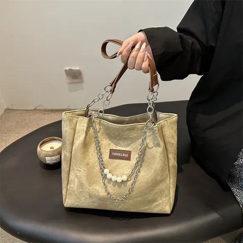 Bolso Tote Vintage para Mujer Cuero PU Lona Gran Capacidad Bolso de Hombro Con Cadena de Metal Perla Artificial Elegante