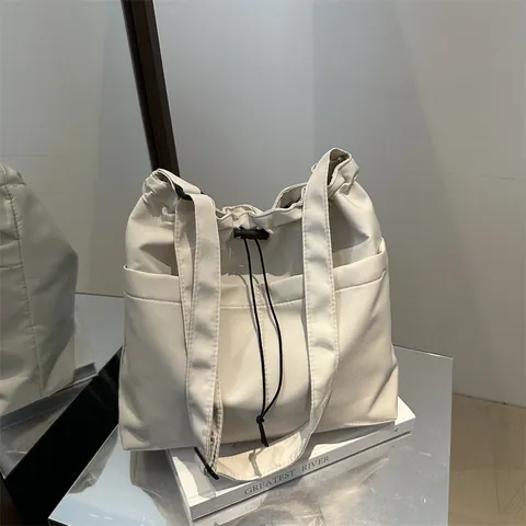 Bolso Tote de Tela Oxford de Gran Capacidad para Mujer Color Sólido Con Cordón Bolso Cubo de Hombro para Uso Diario Casual