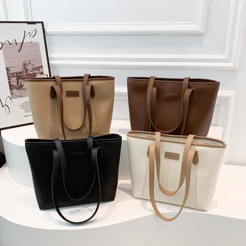 Women Large Capacity Tote Bag Minimalist PU Leather Commuter Shoulder Bag Solid Color Shopping Handbag With Fashion Tag
