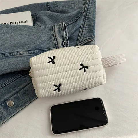 Women Quilted Makeup Bag Embroidered Bow Cosmetic Organizer Small Clutch Bag With Handle For Travel Daily Use Handbag