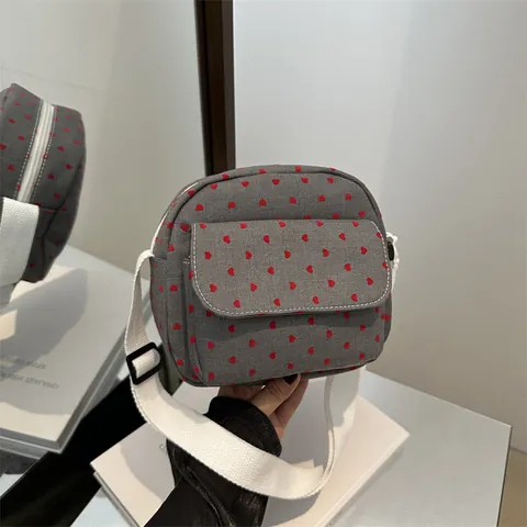 Borsa a Tracolla da Donna in Tela alla Moda Casual con Stampa a Cuori e Pois Piccola Borsa a Spalla con Tracolla Regolabile Bianca