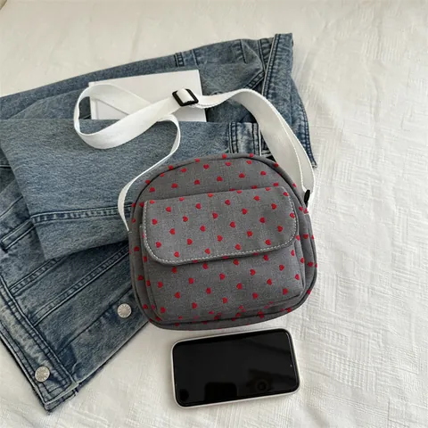 Borsa a Tracolla da Donna in Tela alla Moda Casual con Stampa a Cuori e Pois Piccola Borsa a Spalla con Tracolla Regolabile Bianca