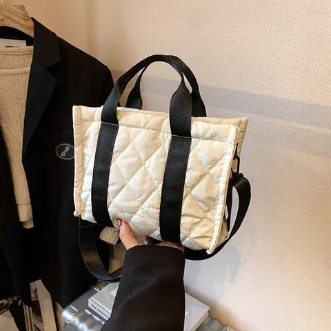 Sac Tote en Nylon Matelassé pour Femmes Style Coréen Motif Losange Sac Bandoulière Grande Capacité Décontracté Quotidien Sac à Main