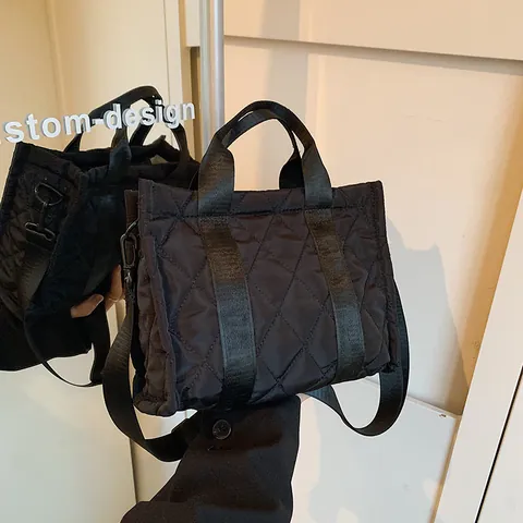 Sac Tote en Nylon Matelassé pour Femmes Style Coréen Motif Losange Sac Bandoulière Grande Capacité Décontracté Quotidien Sac à Main
