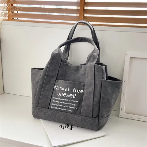 Women Canvas Tote Bag Large Capacity Letter Print Casual Handbag Shoulder Bag Versatile Daily Commuting Shopping Bag