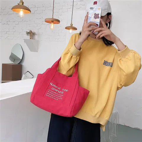 Women Canvas Tote Bag Large Capacity Letter Print Casual Handbag Shoulder Bag Versatile Daily Commuting Shopping Bag