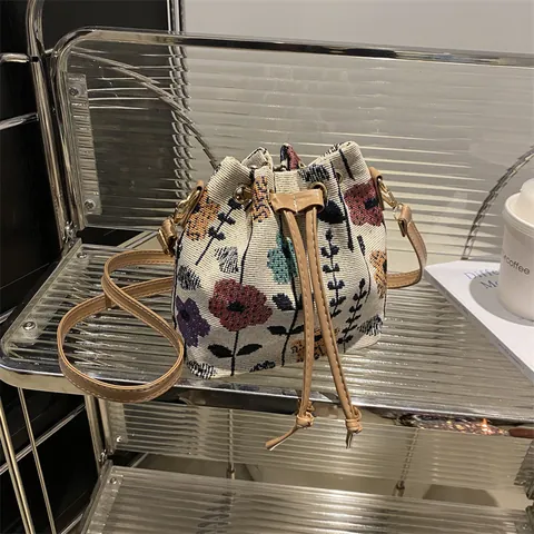 Borsa a Secchiello Donna Etnica Bohemienne Jacquard Tela Pelle PU Coulisse Tracolla Vintage Floreale Motivo Geometrico