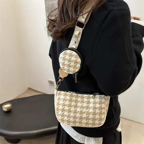 Borsa a Tracolla Donna Pied de Poule Due In Uno Tessuto Retro Piccola Borsa Quadrata Con Borsellino Rotondo Tracolla Larga Regolabile Moda Urbana