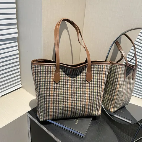 Tote Bag in Lana Plaid di Grande Capacità per Donna Borsa a Tracolla Pied de Poule Retrò Con Manico in Pelle Sintetica Borsa da Ascella alla Moda