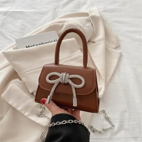 French Style Mini Bow Rhinestone PU Leather Square Crossbody Bag With Metal Chain Strap Handheld Evening Bag For Women