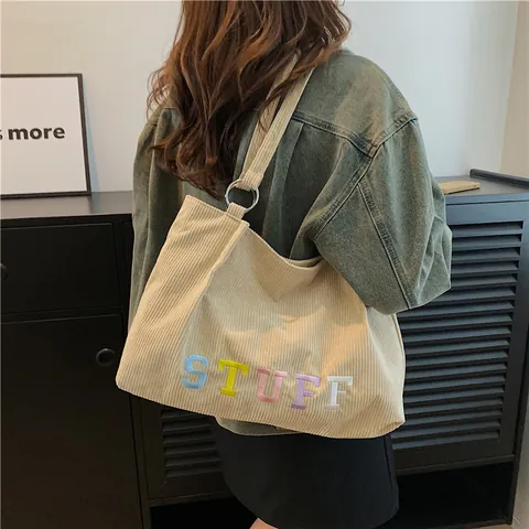 Sac Cabas en Velours Côtelé Décontracté pour Femmes Avec Broderie STUFF Colorée Grande Capacité Sac à Épaule Minimaliste Couleur Unie