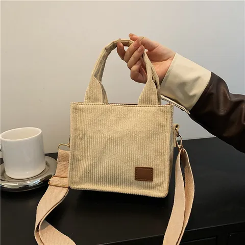 Minimalist Corduroy Mini Tote Bag For Women Retro Square Crossbody Shoulder Handbag With Adjustable Strap Daily Casual Bag