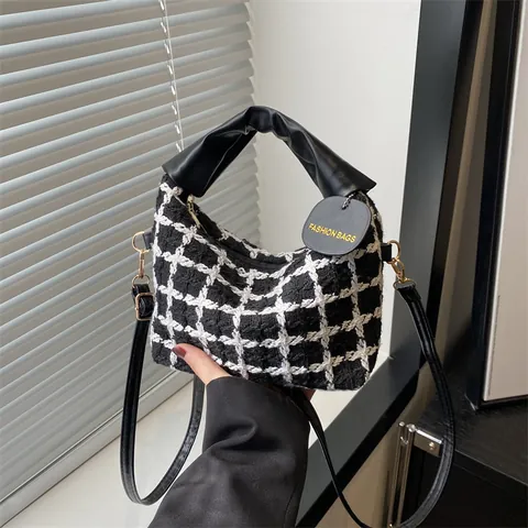 Dames Mode Tweed Geruite Schoudertas Koreaanse Stijl Contrastkleur PU Leer Kleine Vierkante Tote Bag Met Verstelbare Riem Voor Dagelijks Casual Gebruik