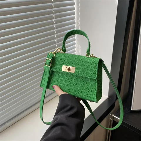 Woven Pattern PU Leather Small Square Crossbody Bag For Women Minimalist Fashion Shoulder Handbag With Metallic Lock Purse