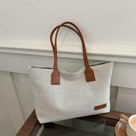 Dames Canvas Tote Bag met Grote Capaciteit Contrastkleurige Kunstlederen Handvaten Casual Schoudertas voor Dagelijks Gebruik