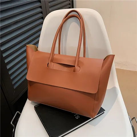 Große Damen PU Leder Tote Bag Minimalistische Pendler Schultertasche Einzigartiges Umschlag Design Einfarbig Urban Mode Handtasche